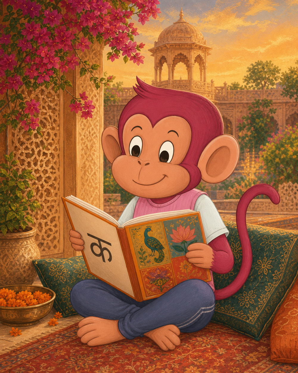Beenu Bandar reading a Hindi book in an Indian heritage courtyard